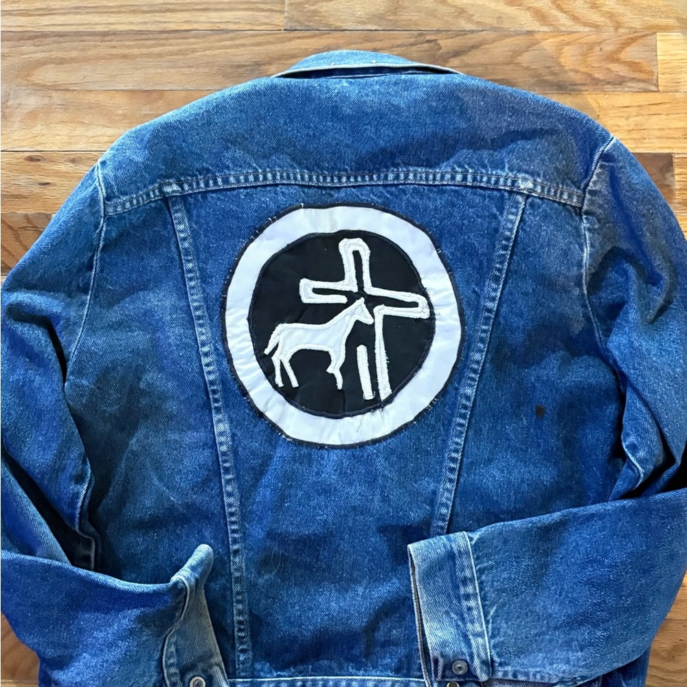 Vintage 70s Rustler blue jean Jacket upcycled w/ Horse patch&rhinestones#cross✝️